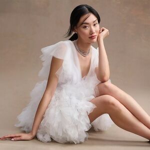 Mac Duggal Tulle Flutter Sleeve Mini Dress White Size 8 NWT